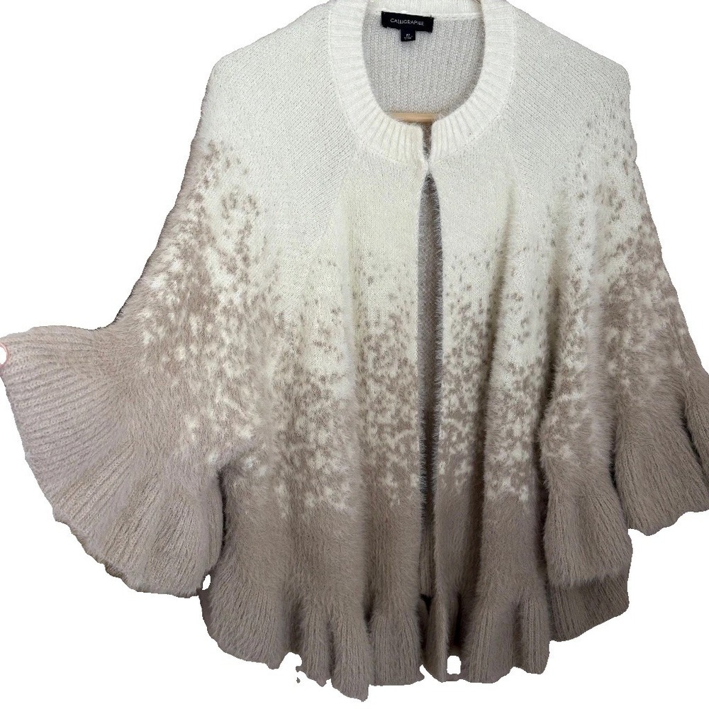Anthropologie Calligraphie Fuzzy Boho Cardigan Poncho M Ruffle Bell Slv Cottage